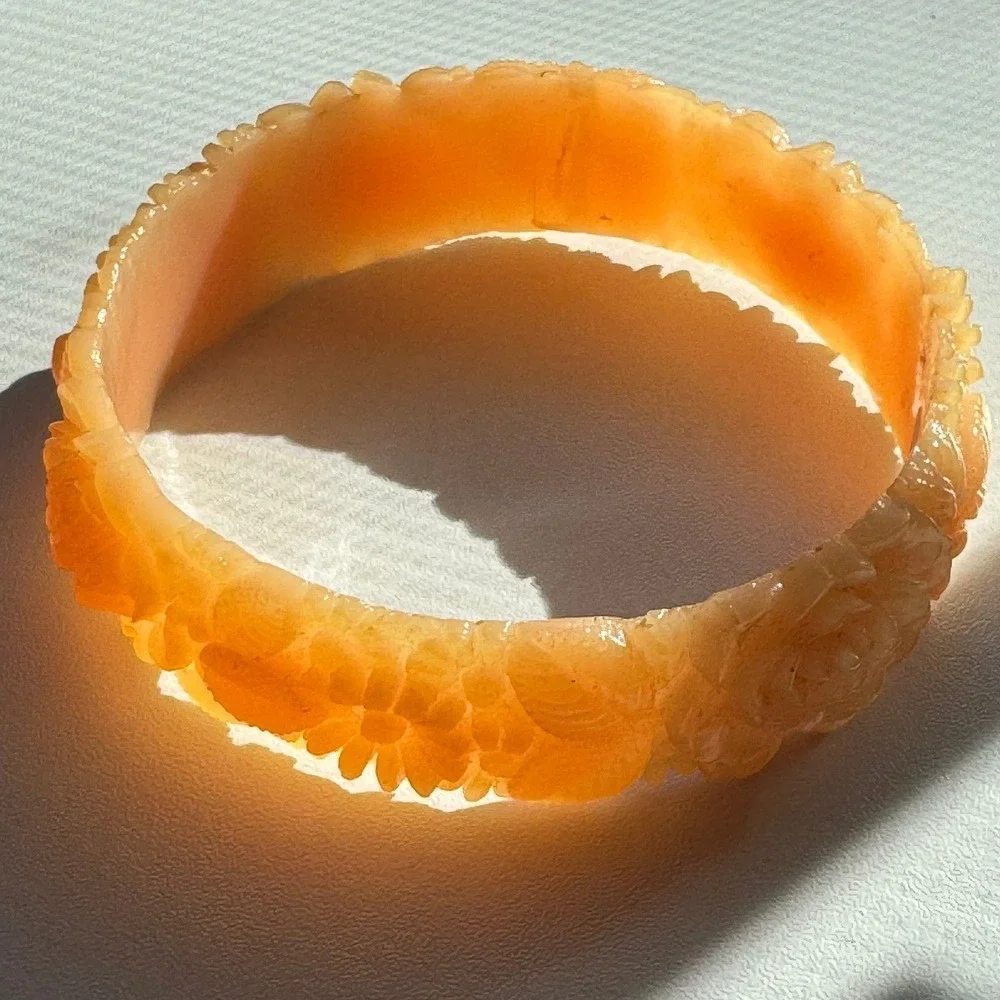 Vintage Celluloid Carved Floral Rose Bangle Bracelet Pastel Peach '20s-40s 7.75